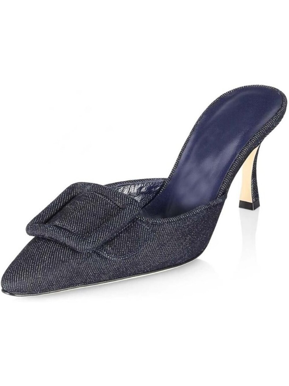 Women's Black-Denim Suede Pointed Toe Backless Kitten Heel Mules